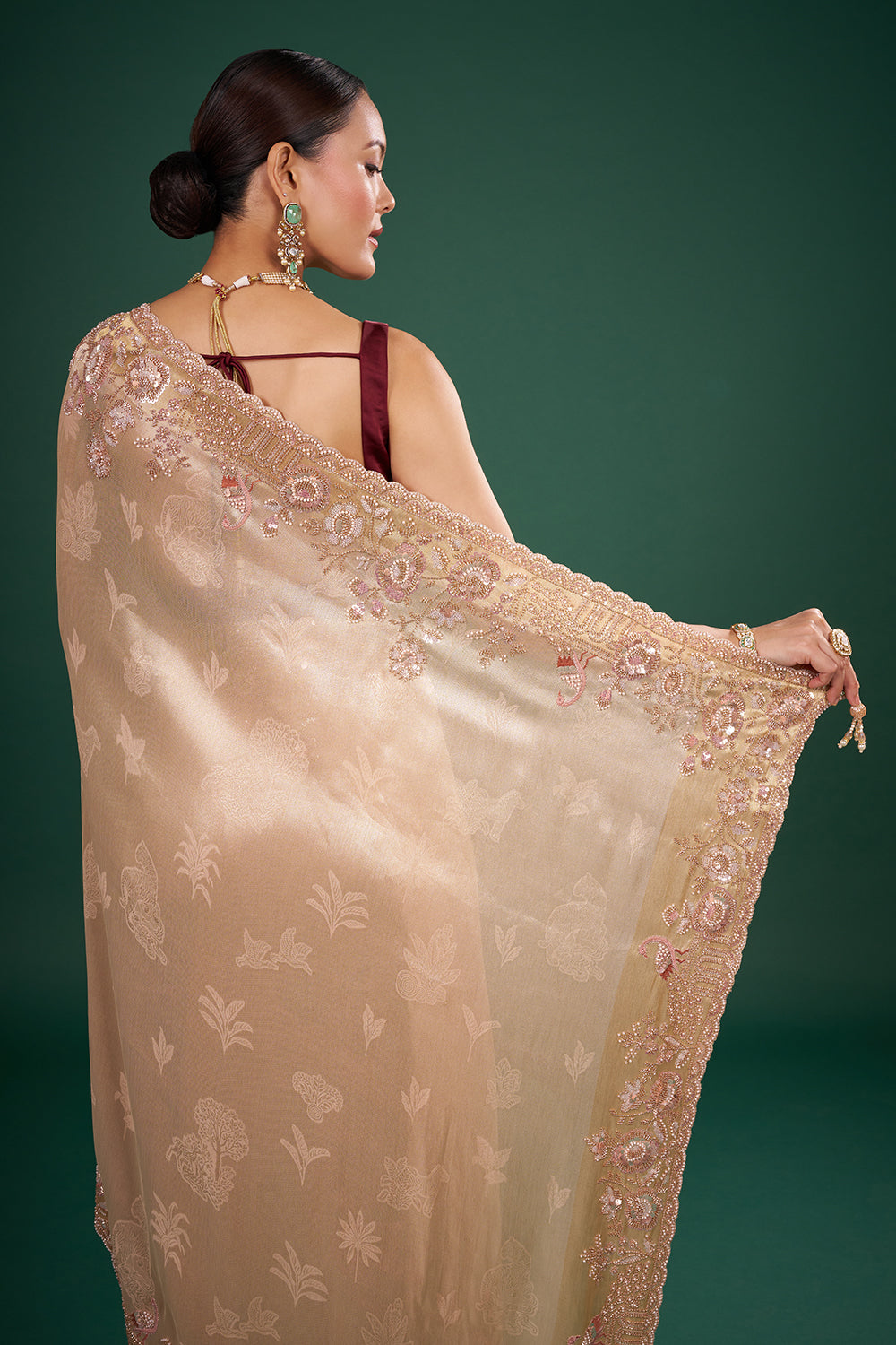 Champagne Gold Banarasi Saree with Blush Pearl Embroidery and Unstitched Blouse