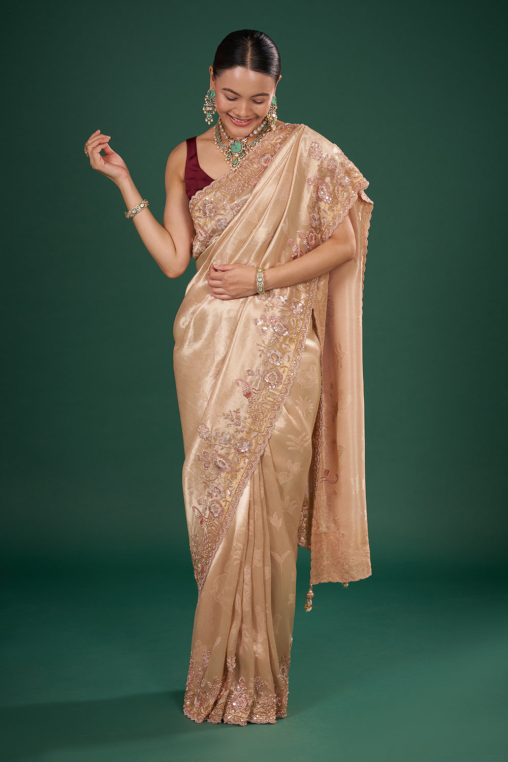 Champagne Gold Banarasi Saree with Blush Pearl Embroidery and Unstitched Blouse