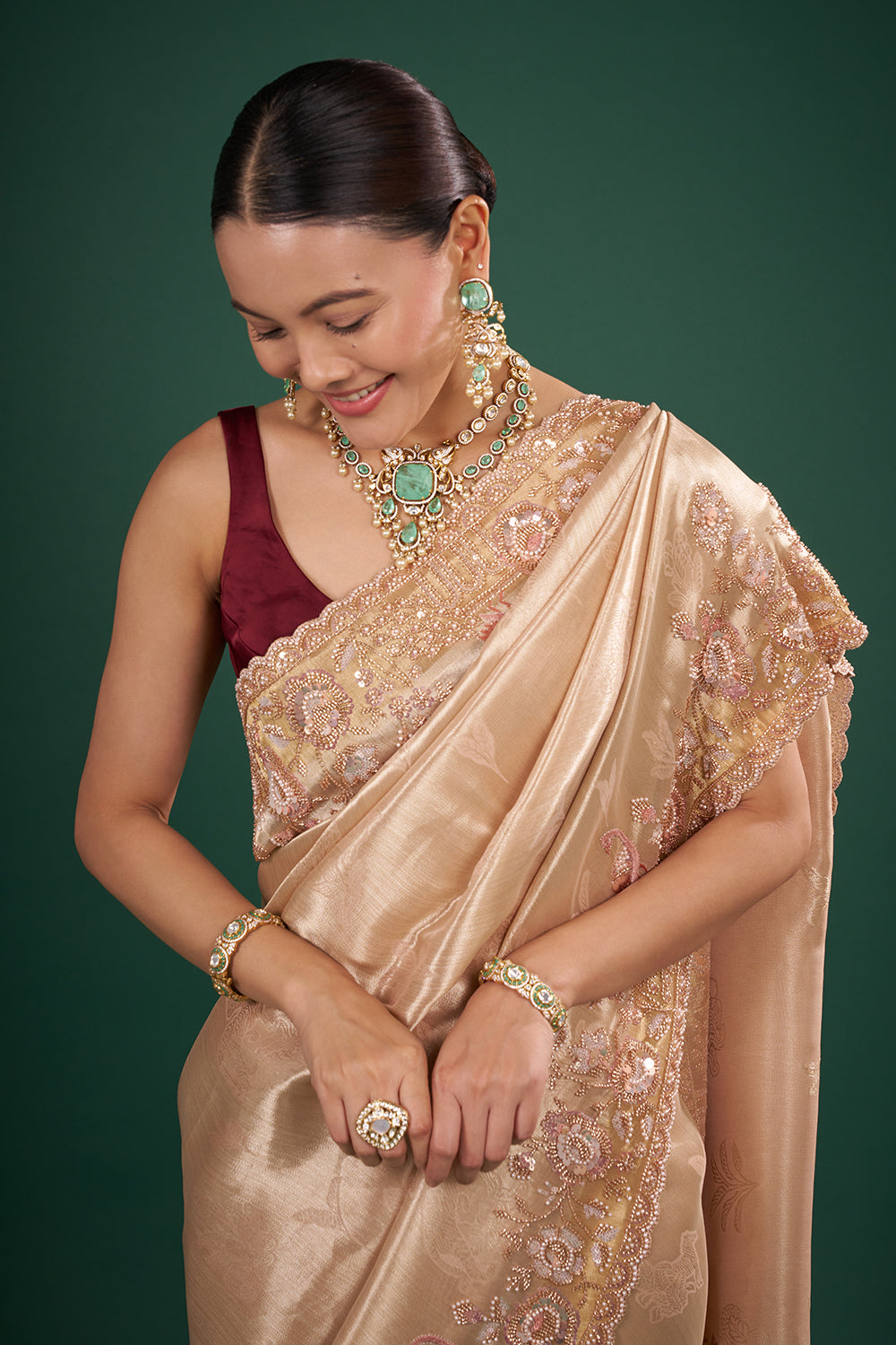 Champagne Gold Banarasi Saree with Blush Pearl Embroidery and Unstitched Blouse