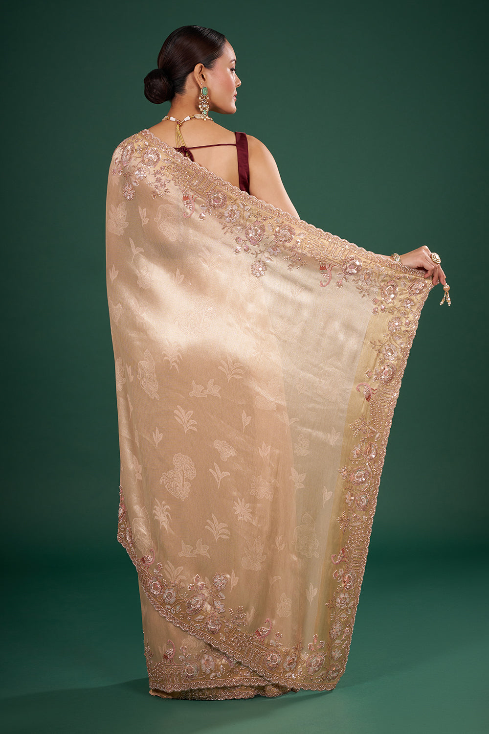 Champagne Gold Banarasi Saree with Blush Pearl Embroidery and Unstitched Blouse