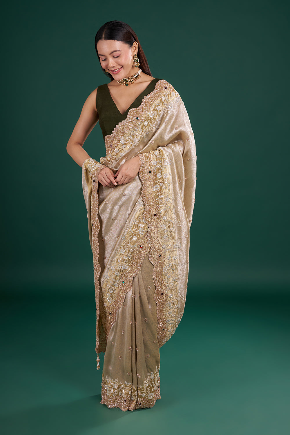 Champagne Gold Brocade Saree with Pearl Embroidery and Unstitched Blouse