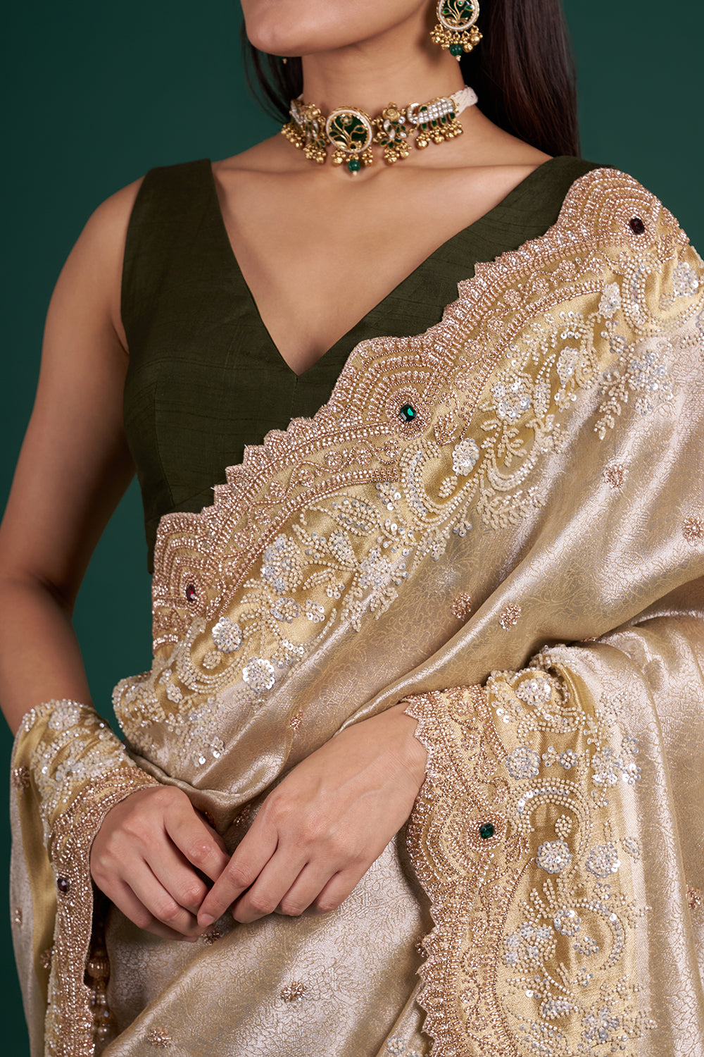 Champagne Gold Brocade Saree with Pearl Embroidery and Unstitched Blouse