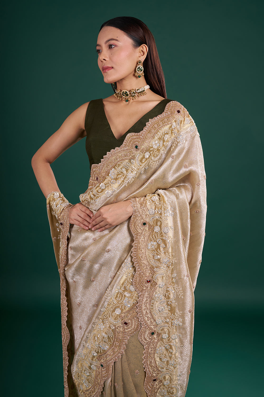 Champagne Gold Brocade Saree with Pearl Embroidery and Unstitched Blouse
