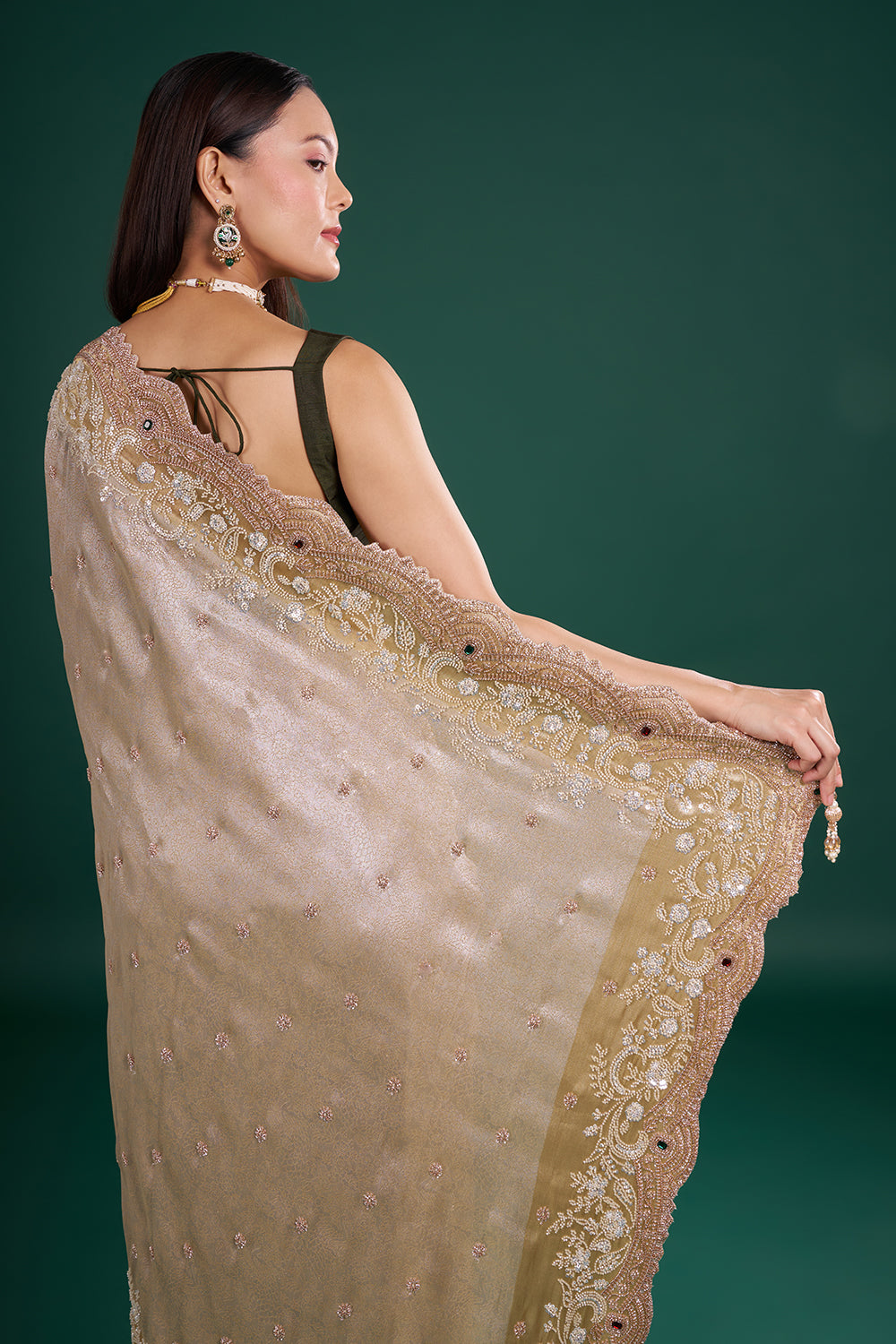 Champagne Gold Brocade Saree with Pearl Embroidery and Unstitched Blouse