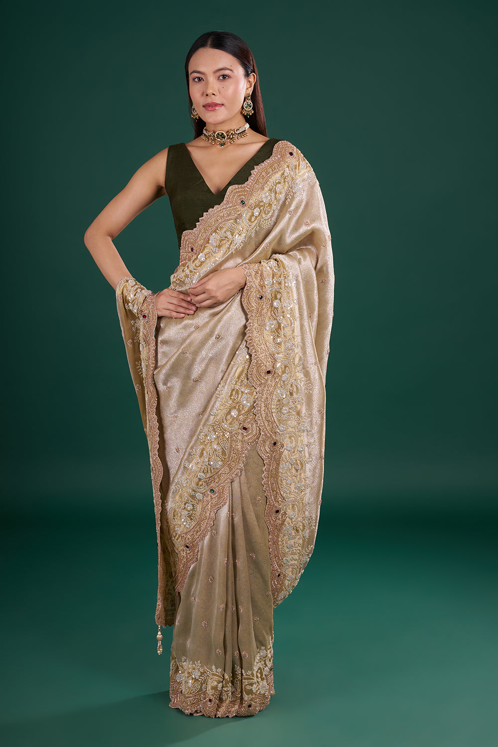 Champagne Gold Brocade Saree with Pearl Embroidery and Unstitched Blouse