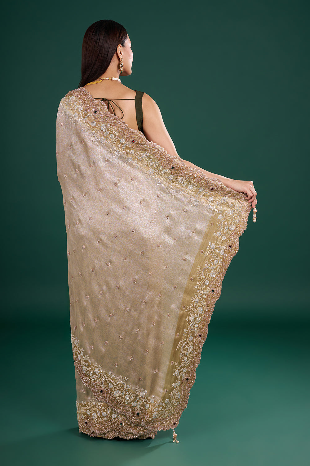Champagne Gold Brocade Saree with Pearl Embroidery and Unstitched Blouse