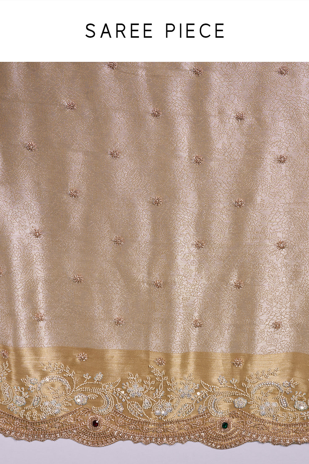 Champagne Gold Brocade Saree with Pearl Embroidery and Unstitched Blouse
