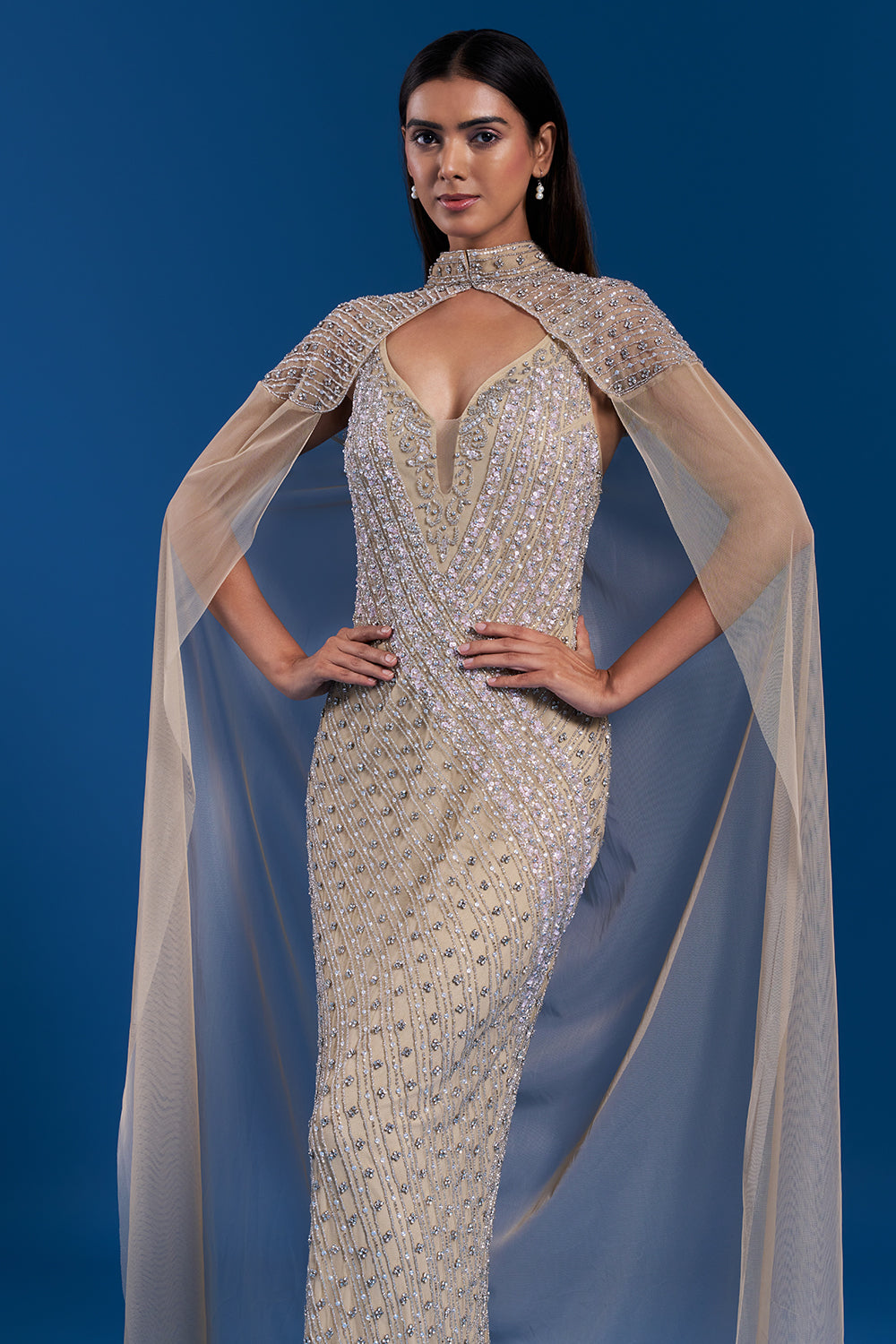 Champagne Gold Cape Gown with Bead Embroidery