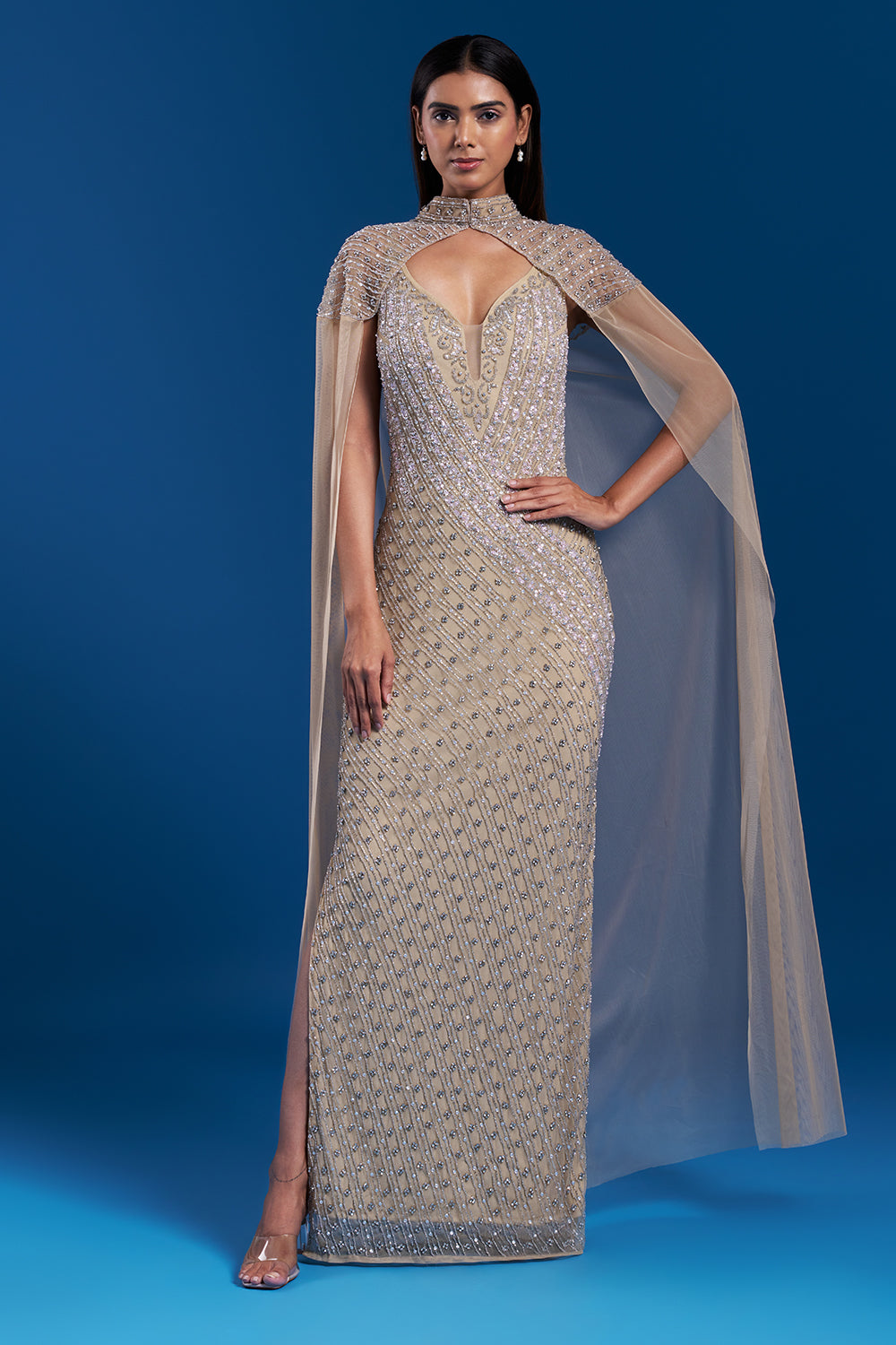 Champagne Gold Cape Gown with Bead Embroidery