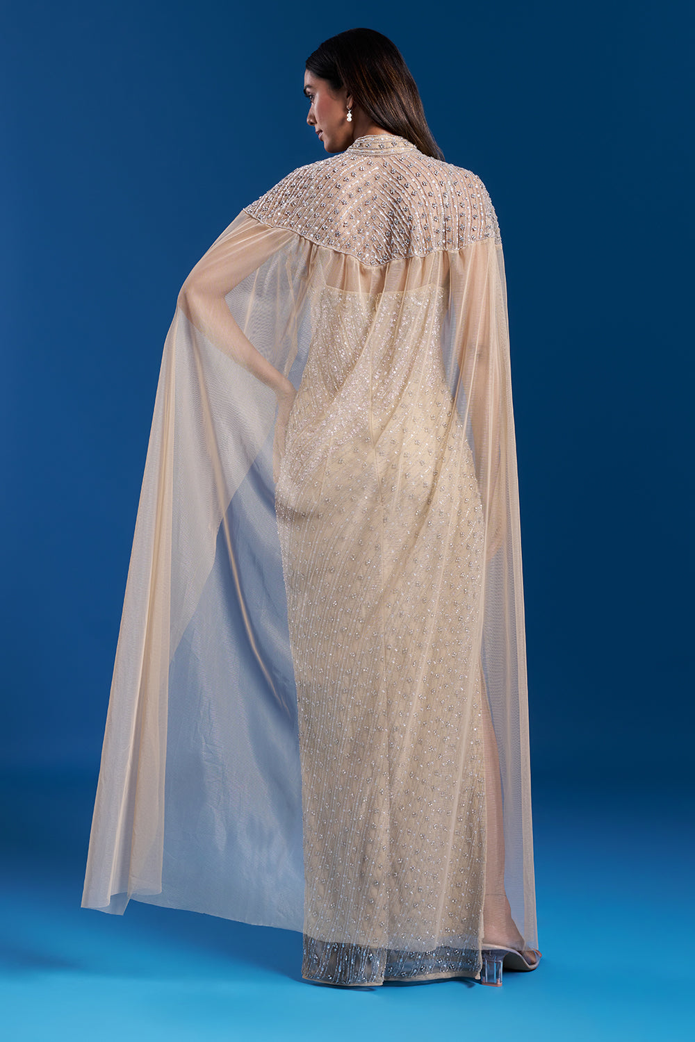 Champagne Gold Cape Gown with Bead Embroidery