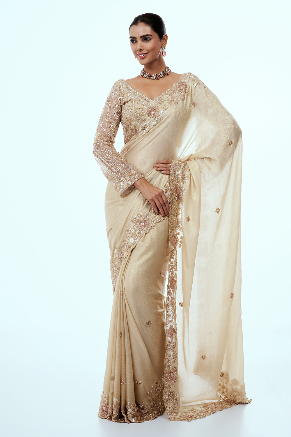 Champagne Gold Crushed Crepe Tissue Saree with Cutdana Border