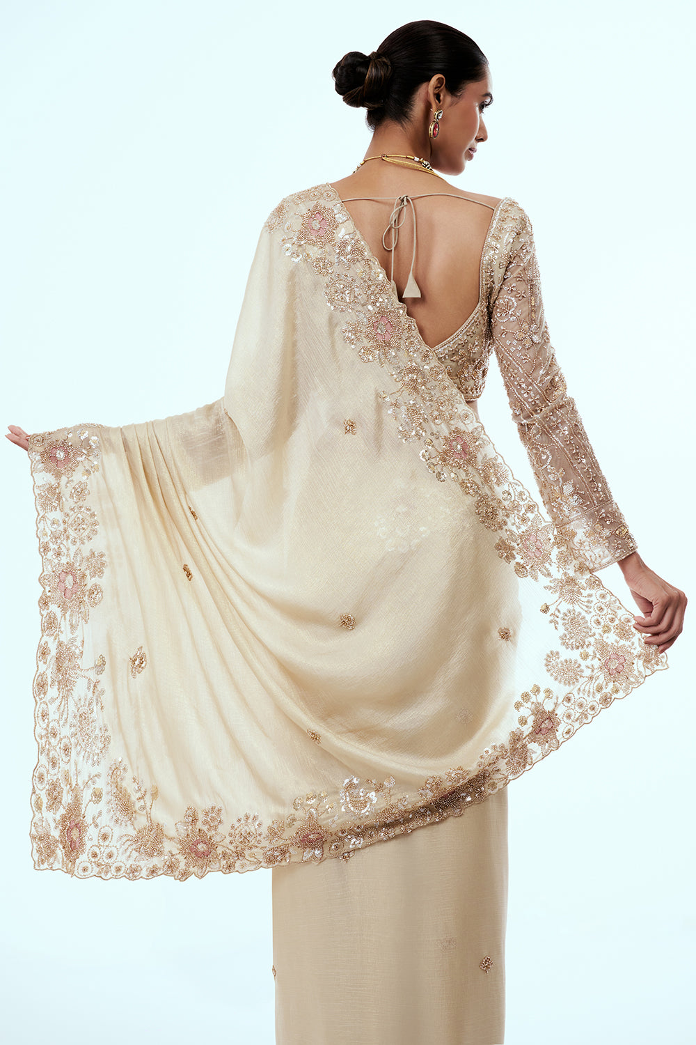 Champagne Gold Crushed Crepe Tissue Saree with Cutdana Border