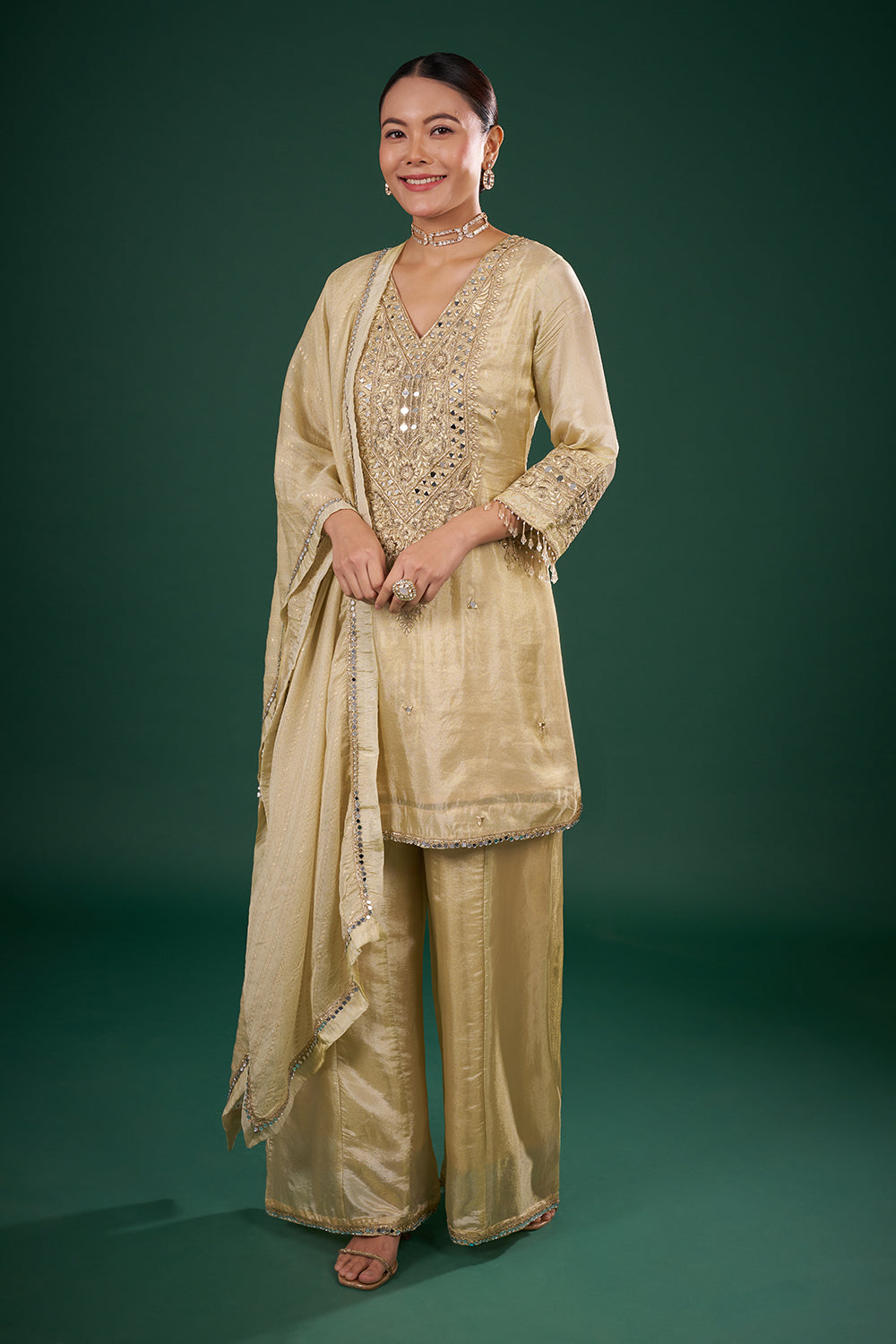 Champagne Gold Embellished Kurta Set with Mirror Work