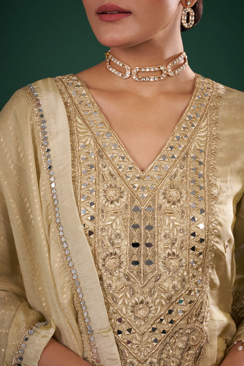 Champagne Gold Embellished Kurta Set with Mirror Work