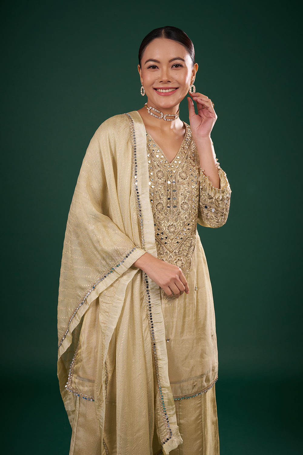 Champagne Gold Embellished Kurta Set with Mirror Work