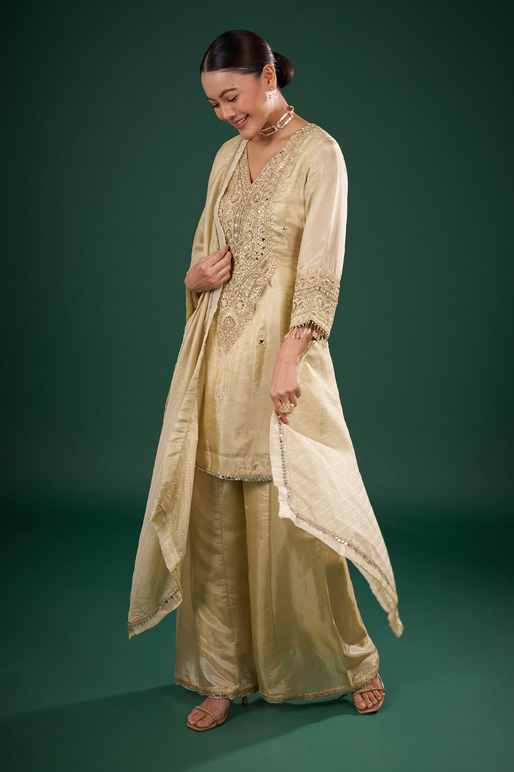 Champagne Gold Embellished Kurta Set with Mirror Work