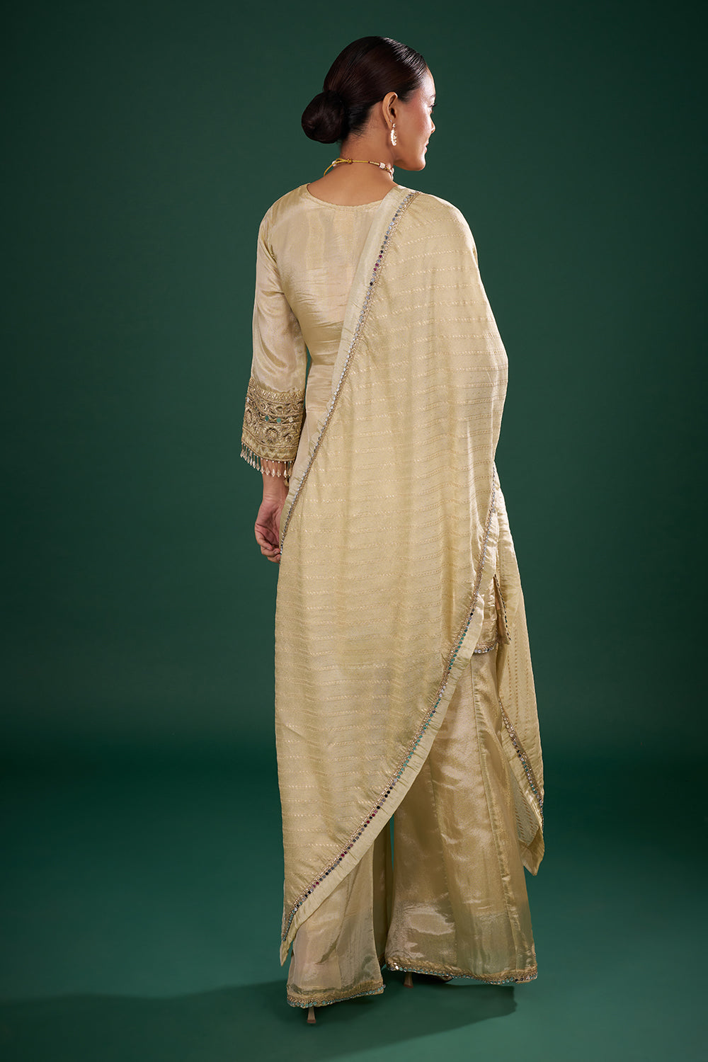 Champagne Gold Embellished Kurta Set with Mirror Work