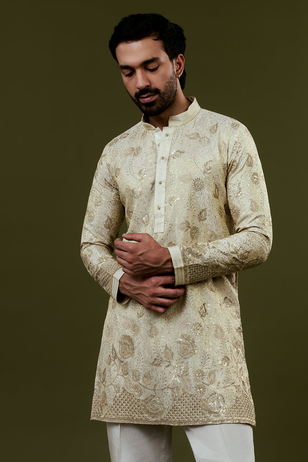 Champagne Gold Kurta with Gold and Silver Embroidered Sequin Accents