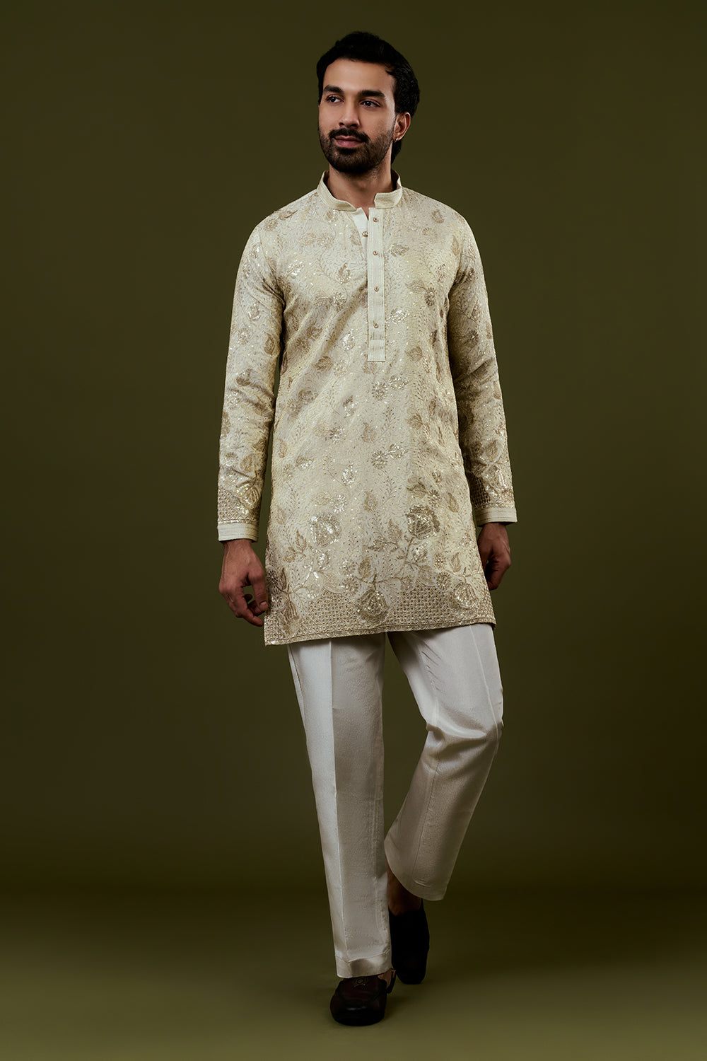 Champagne Gold Kurta with Gold and Silver Embroidered Sequin Accents