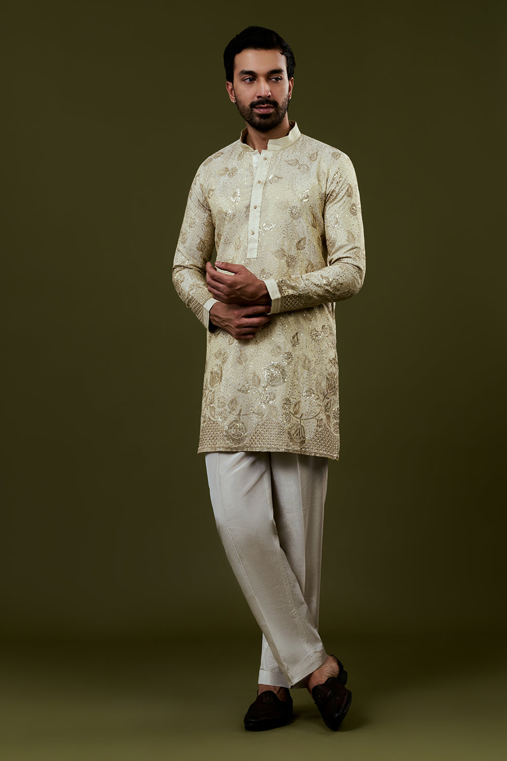 Champagne Gold Kurta with Gold and Silver Embroidered Sequin Accents