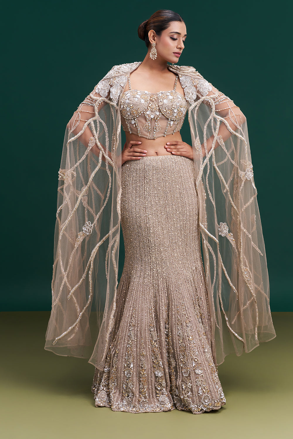 Champagne Gold Net Bridal Lehenga with Vine Embroidery and Statement Cape