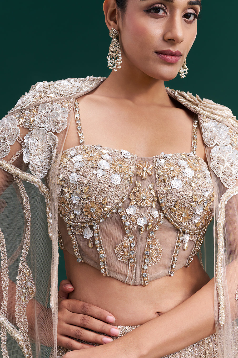 Champagne Gold Net Bridal Lehenga with Vine Embroidery and Statement Cape