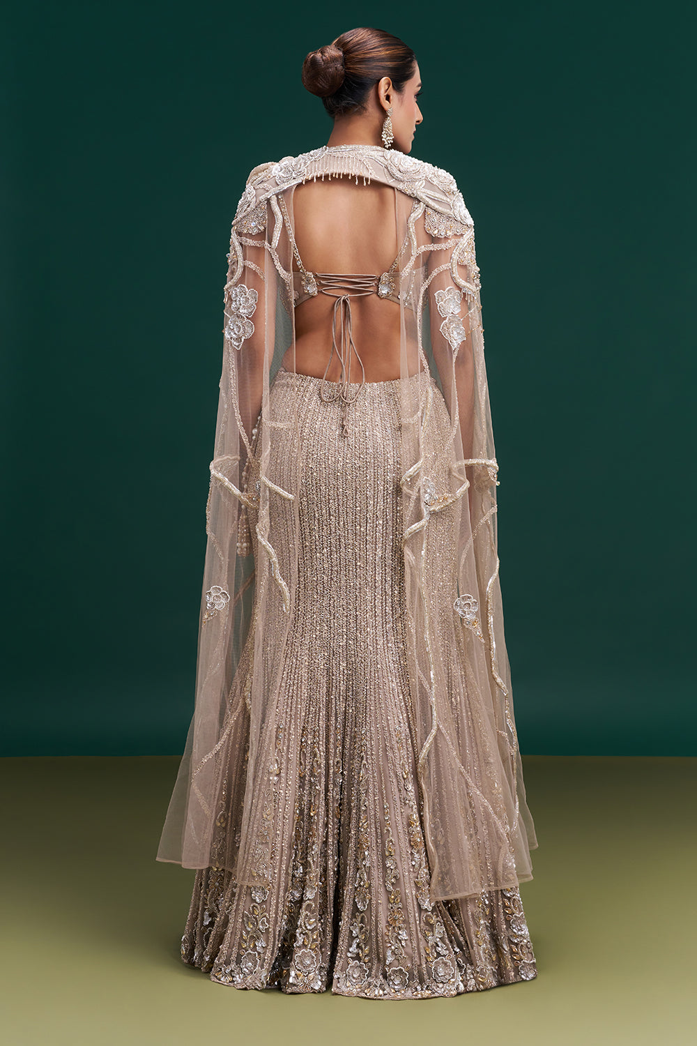 Champagne Gold Net Bridal Lehenga with Vine Embroidery and Statement Cape