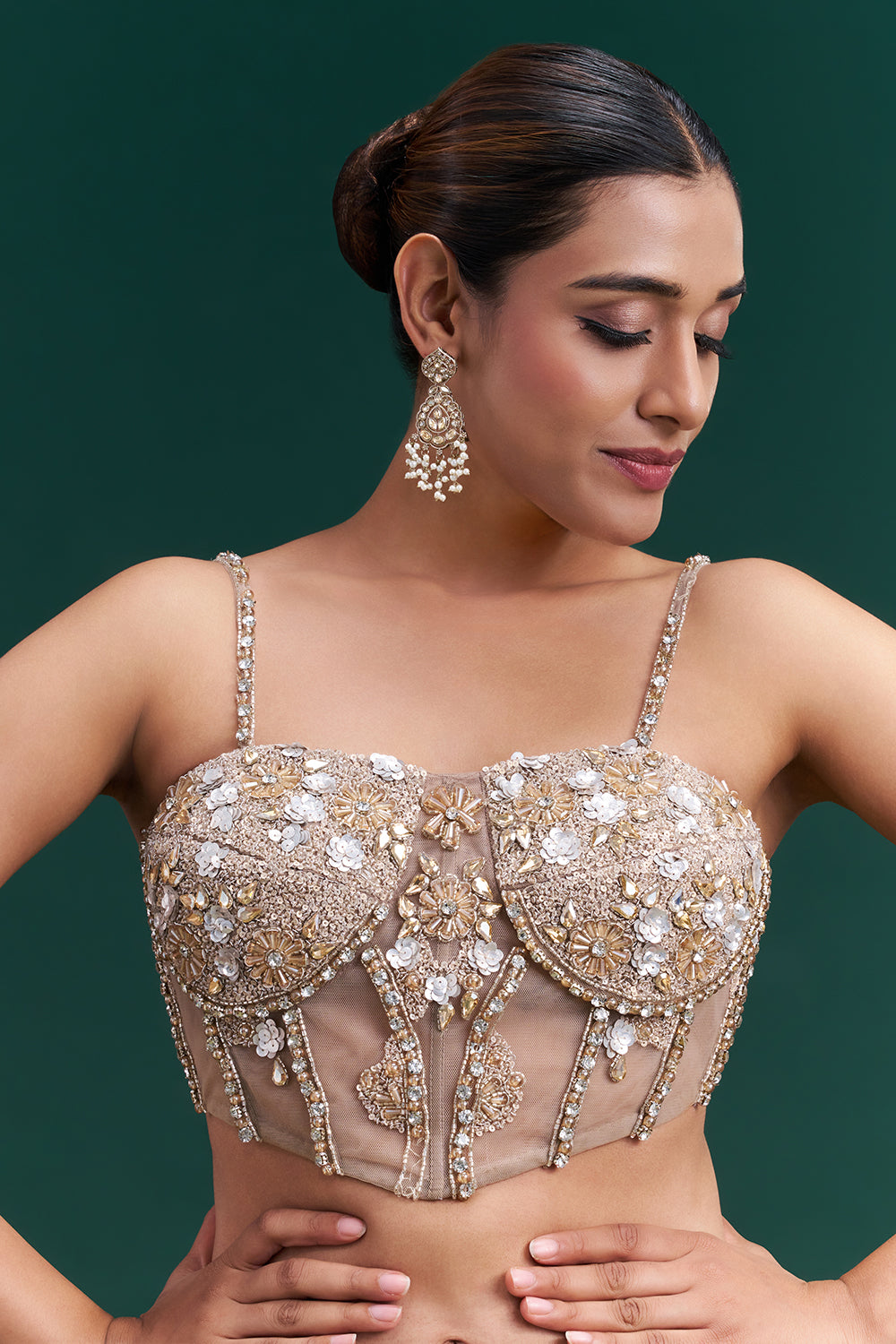 Champagne Gold Net Bridal Lehenga with Vine Embroidery and Statement Cape