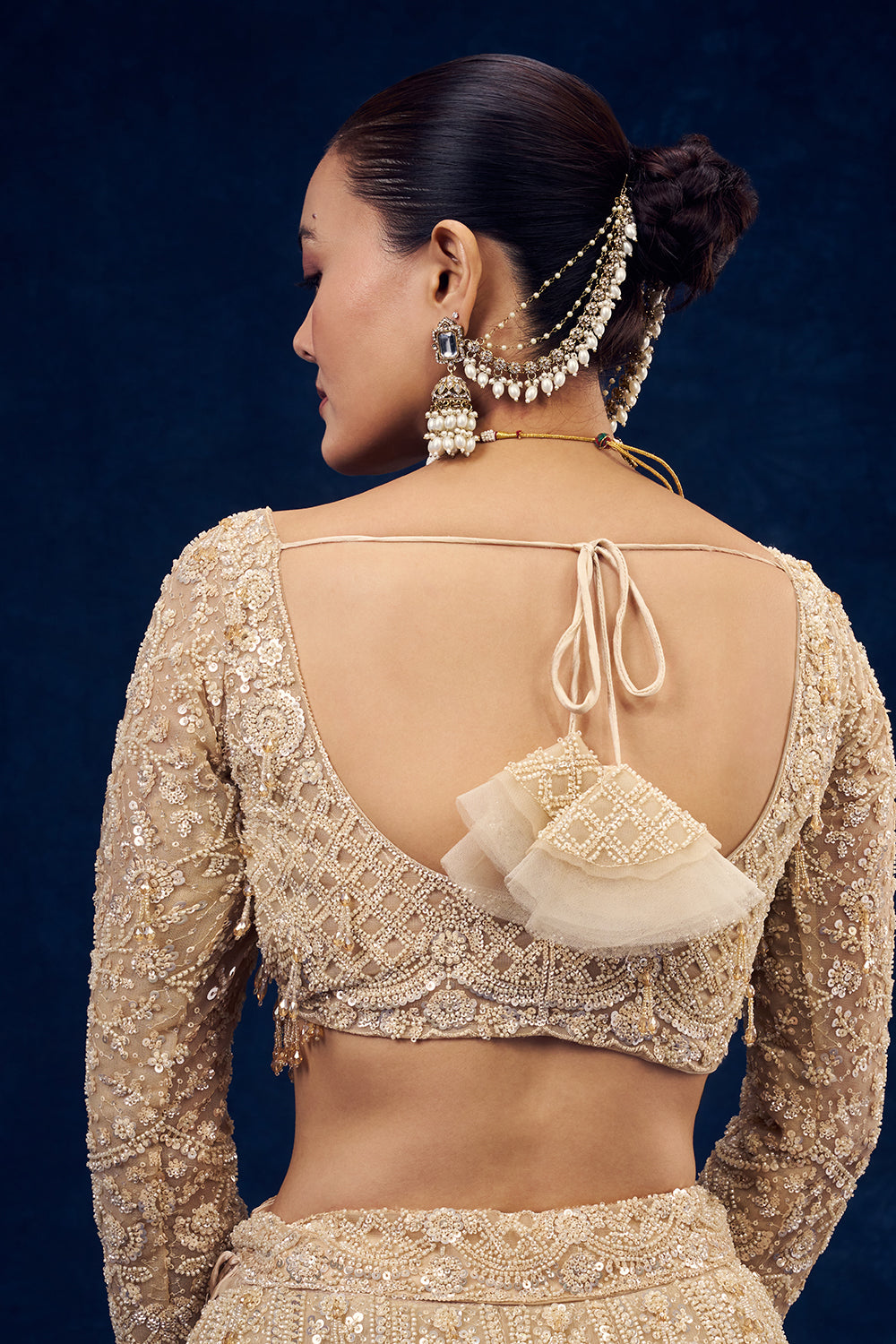 Champagne Gold Net Lehenga with 3D Flowers and Cutdana Hand Work