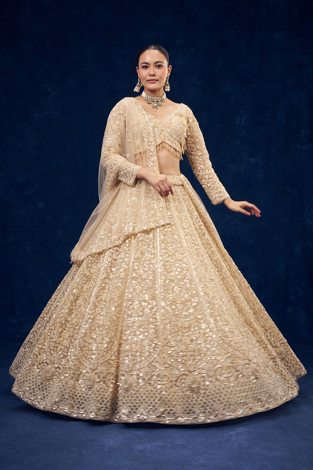 Champagne Gold Net Lehenga with 3D Flowers and Cutdana Hand Work
