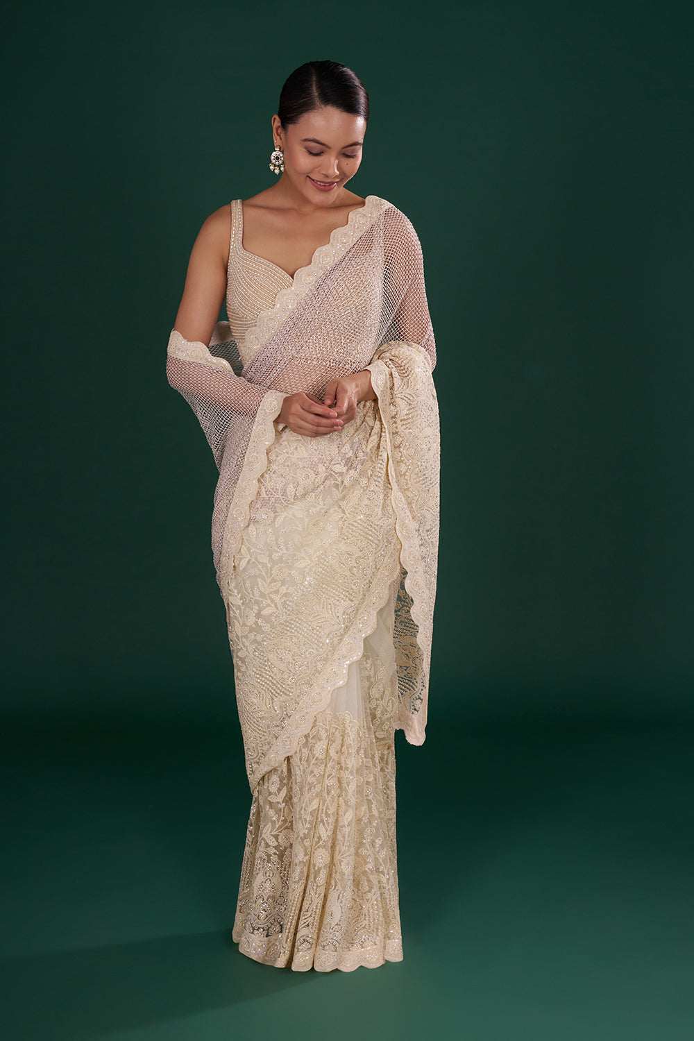 Champagne Gold Net Saree with Scalloped Border and Unstitched Blouse