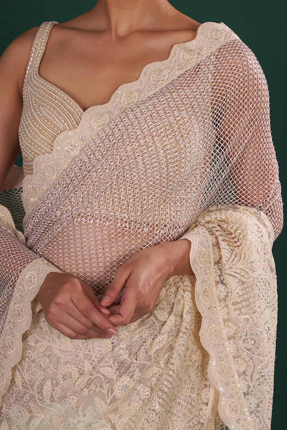 Champagne Gold Net Saree with Scalloped Border and Unstitched Blouse