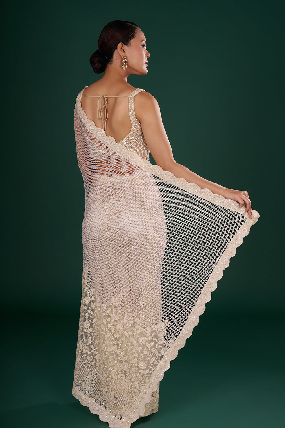 Champagne Gold Net Saree with Scalloped Border and Unstitched Blouse