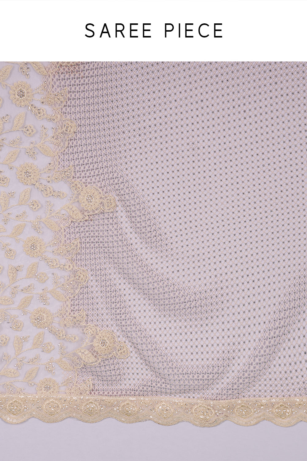 Champagne Gold Net Saree with Scalloped Border and Unstitched Blouse