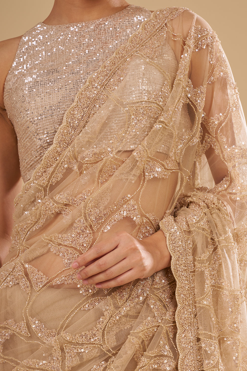 Champagne Gold Net Saree with Sequin Embroidery and Unstitched Blouse