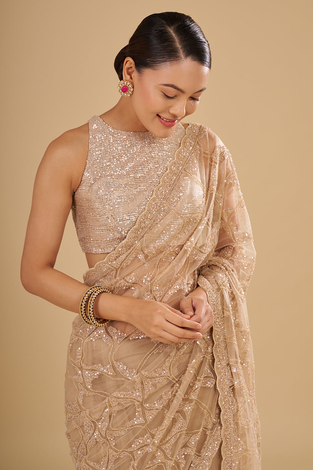 Champagne Gold Net Saree with Sequin Embroidery and Unstitched Blouse