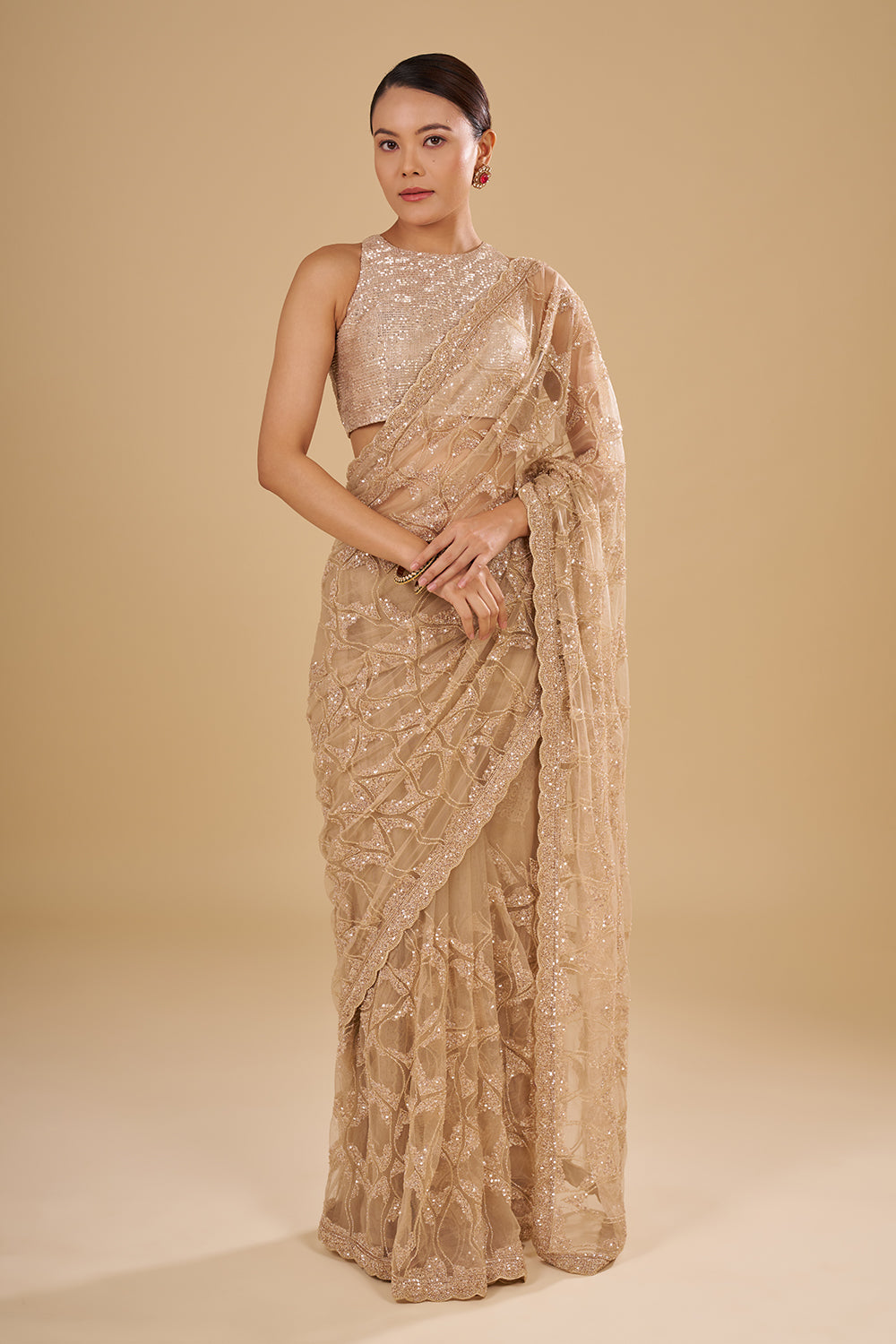 Champagne Gold Net Saree with Sequin Embroidery and Unstitched Blouse