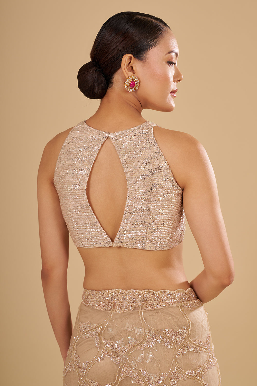 Champagne Gold Net Saree with Sequin Embroidery and Unstitched Blouse