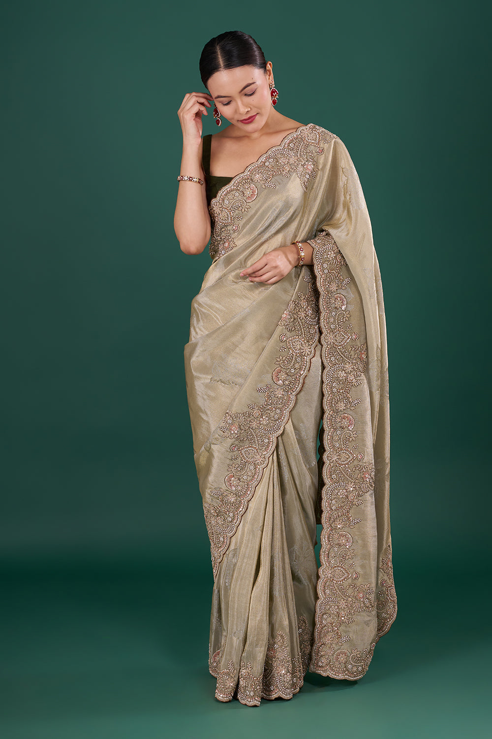 Champagne Gold Saree with Scalloped Border