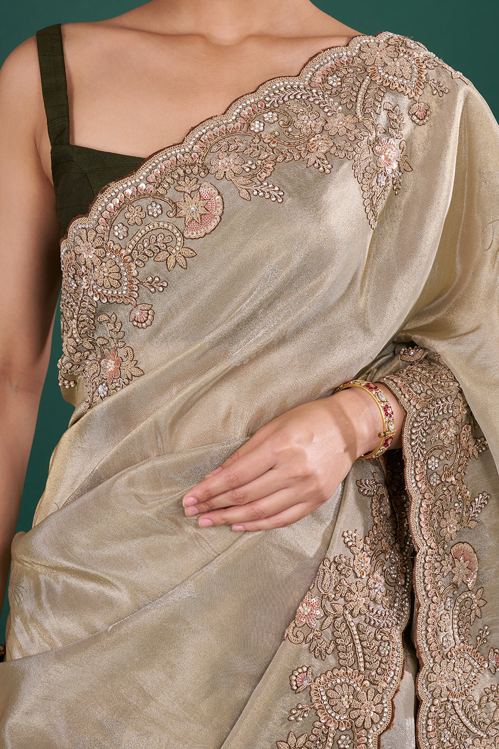 Champagne Gold Saree with Scalloped Border