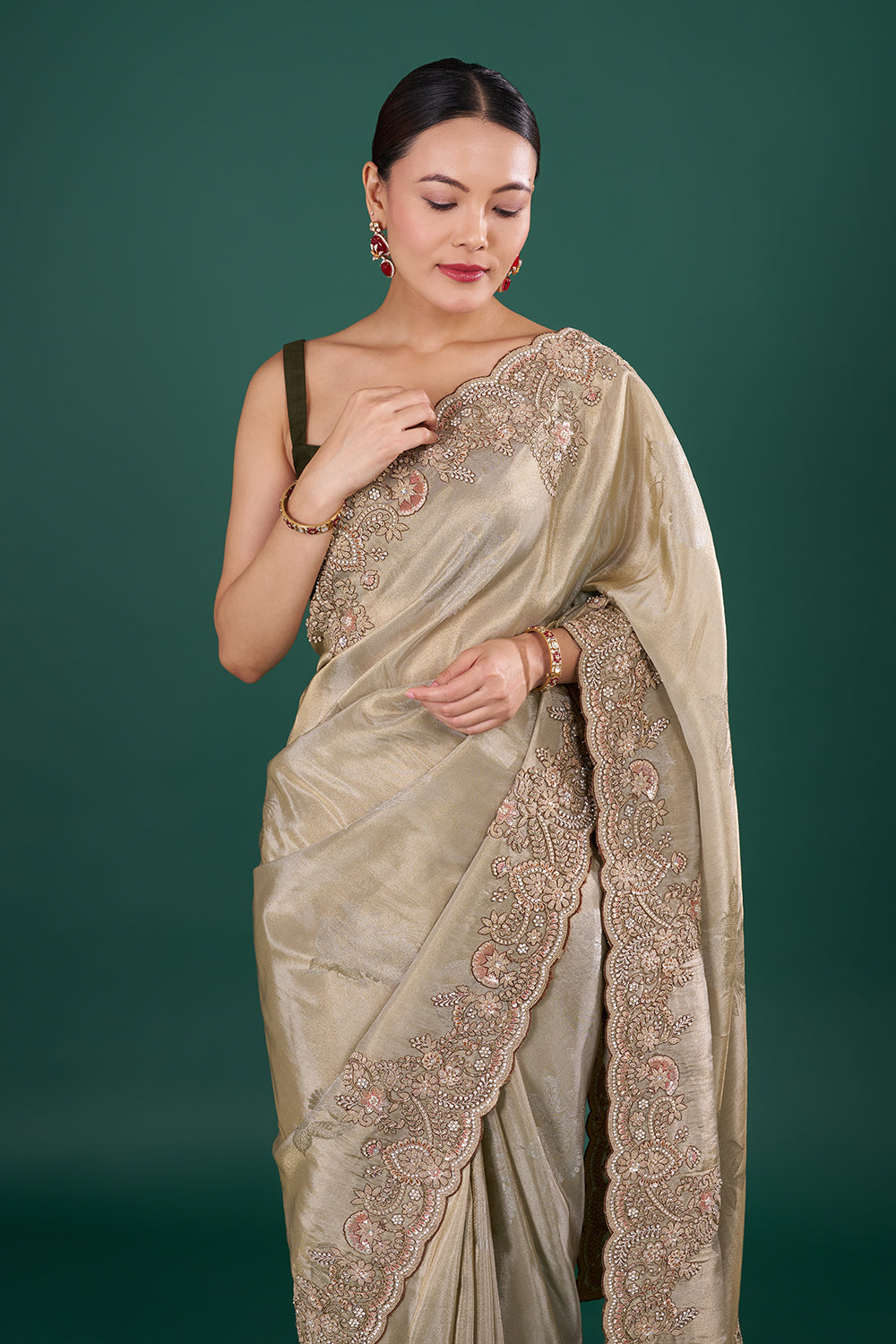 Champagne Gold Saree with Scalloped Border