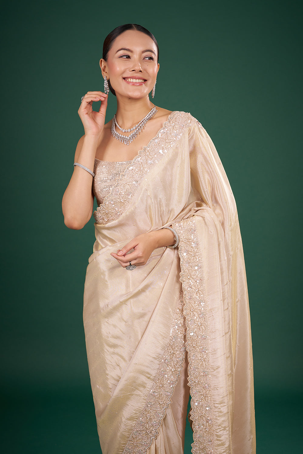 Champagne Organza Saree with Embroidered Border and Unstitched Blouse