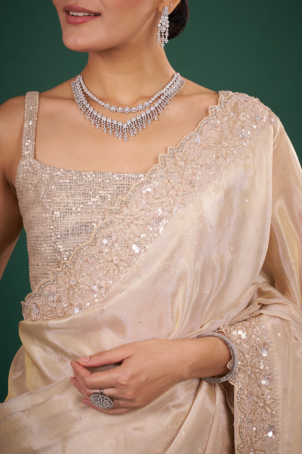 Champagne Organza Saree with Embroidered Border and Unstitched Blouse
