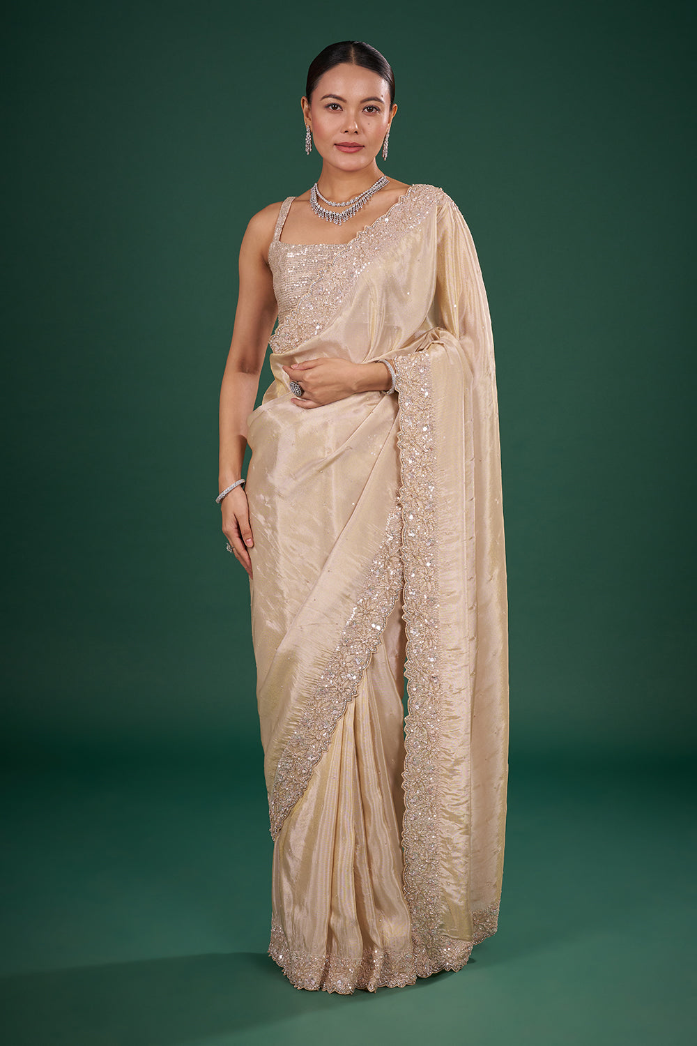 Champagne Organza Saree with Embroidered Border and Unstitched Blouse