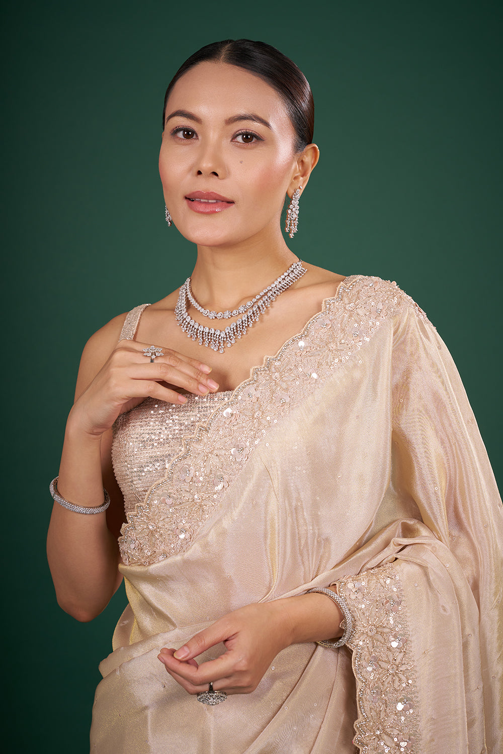 Champagne Organza Saree with Embroidered Border and Unstitched Blouse