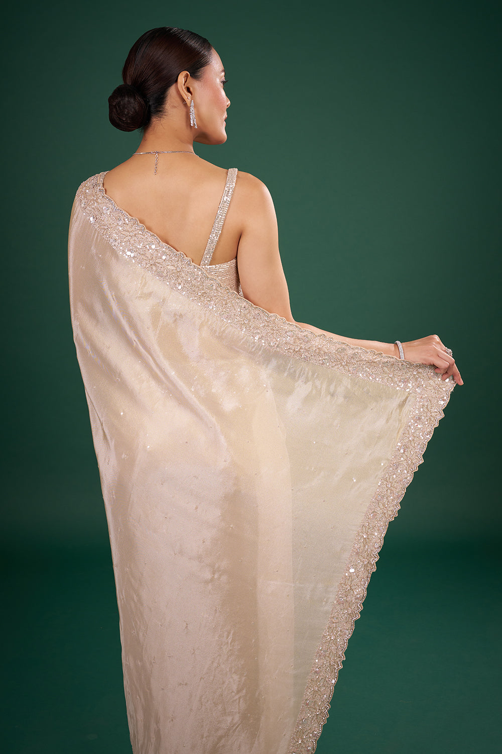 Champagne Organza Saree with Embroidered Border and Unstitched Blouse