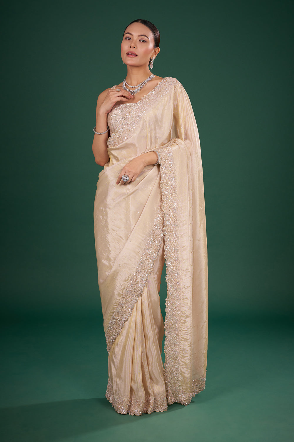 Champagne Organza Saree with Embroidered Border and Unstitched Blouse