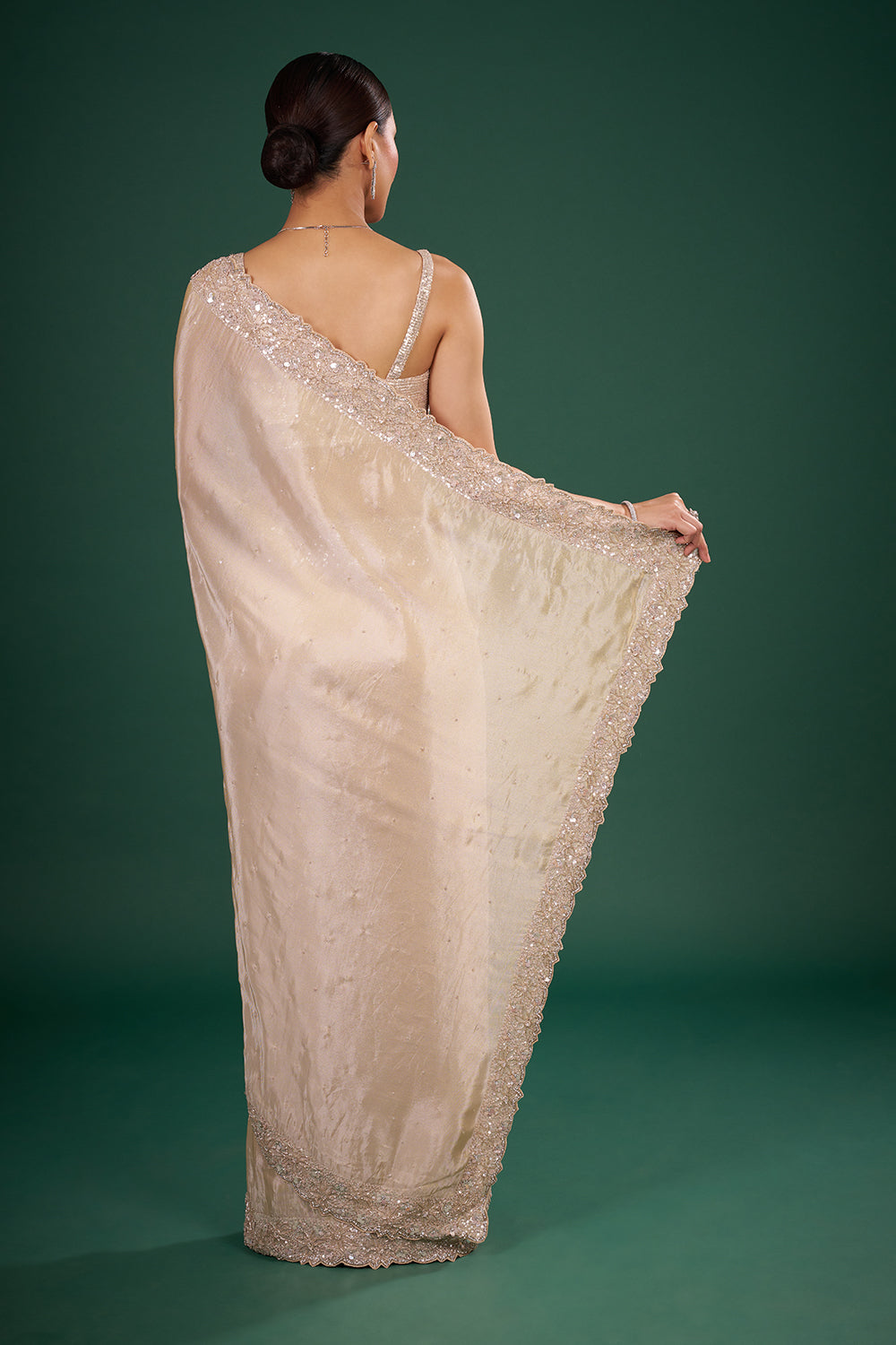Champagne Organza Saree with Embroidered Border and Unstitched Blouse
