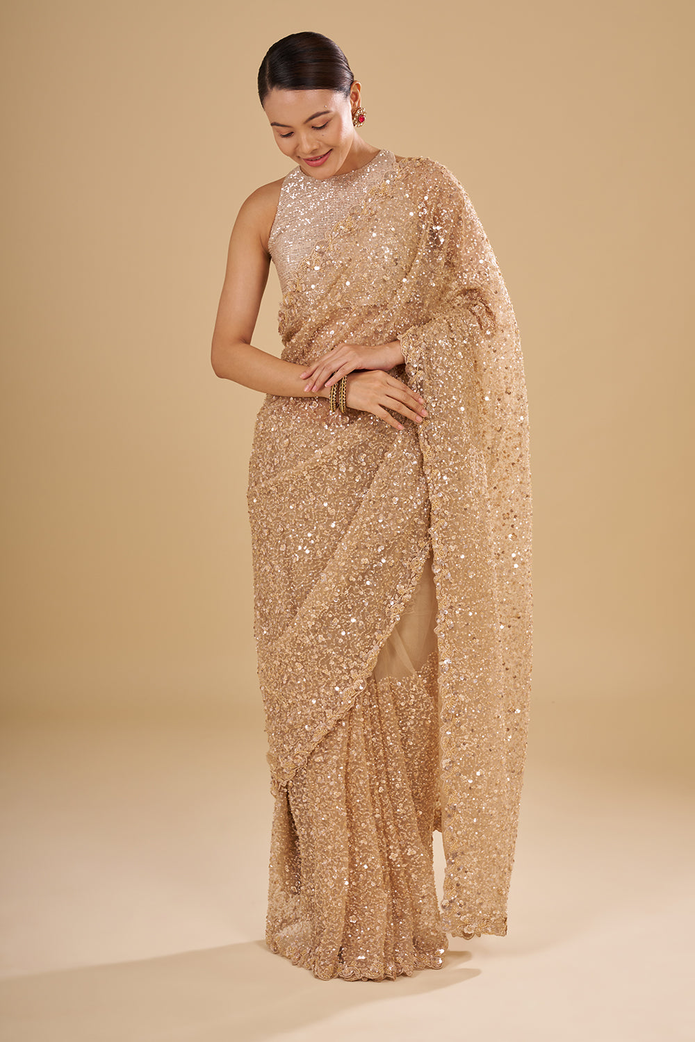 Champagne Gold Sequins Net Saree with Sequins and Unstitched Blouse
