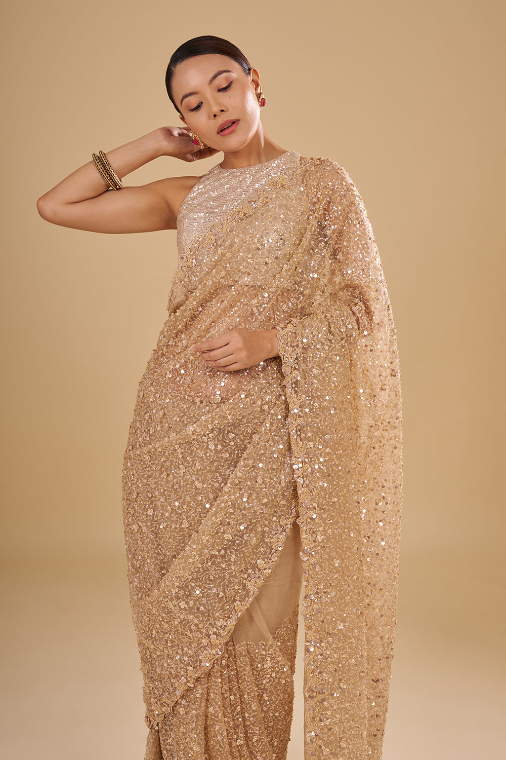 Champagne Gold Sequins Net Saree with Sequins and Unstitched Blouse